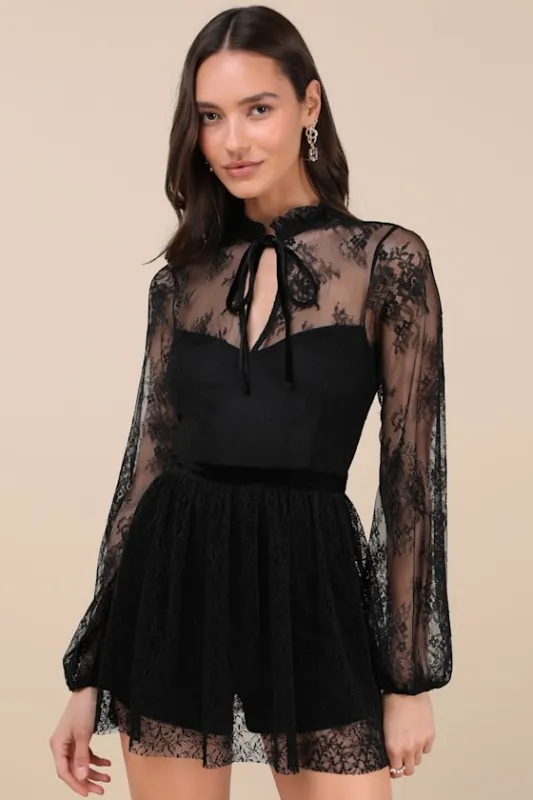 Incredibly Darling Black Lace Tie-Neck Romper sold by Lulus