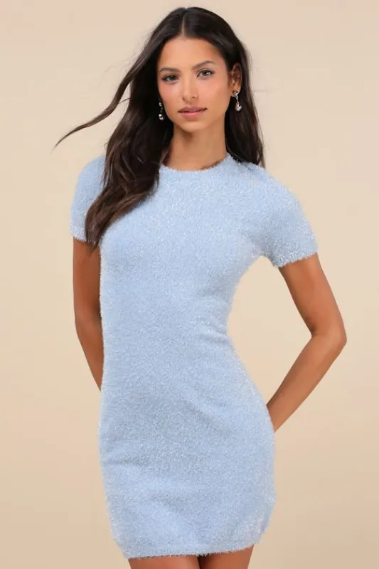 Signature Shimmer Light Blue Lurex Cutout Sweater Mini Dress sold by Lulus