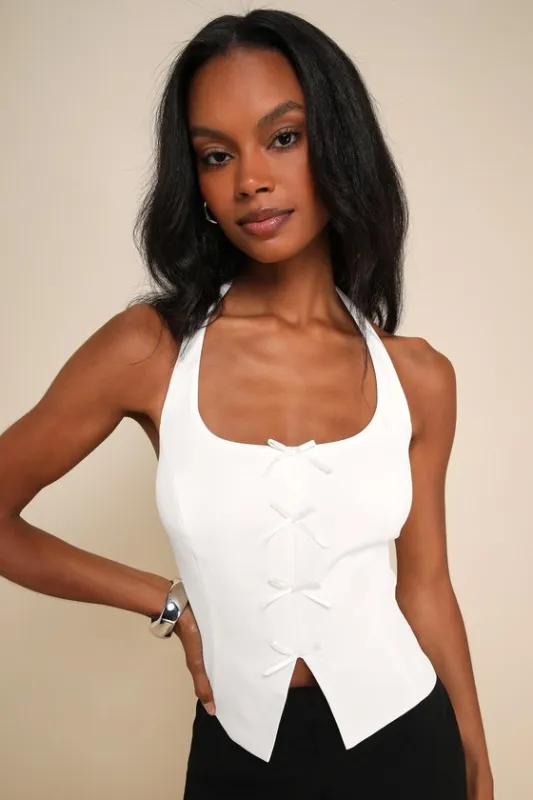 Sweetly Perfect Ivory Bow Sleeveless Halter Top made by Lulus