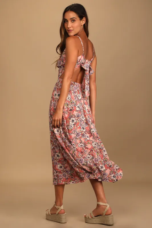 Ties With You Rose Pink Floral Print Tie-Back Midi Dress sold by Lulus