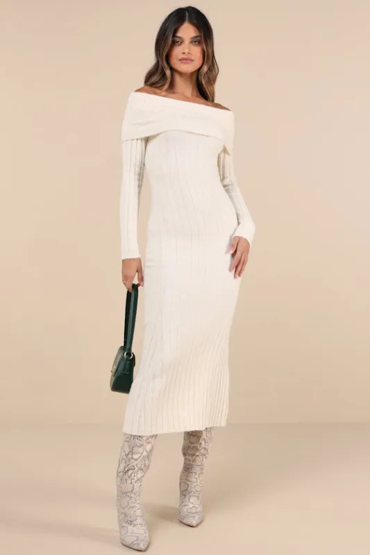 Snuggly Aura Cream Ribbed Off-the-Shoulder Sweater Maxi Dress sold by Lulus