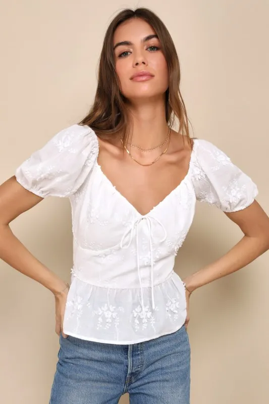 Meadow Moment White Floral Embroidered Puff Sleeve Top sold by Lulus