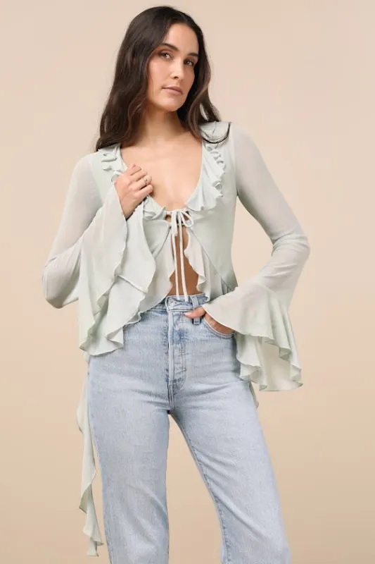 Whimsical Essence Mint Blue Ruffled Tie-Front Bell Sleeve Top sold by Lulus