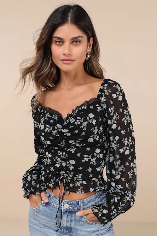 Feeling So Sweet Black Floral Ruched Ruffled Long Sleeve Top sold by Lulus