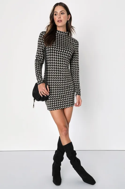 Cool Girl Status Black Print Mock Neck Long Sleeve Mini Dress sold by Lulus