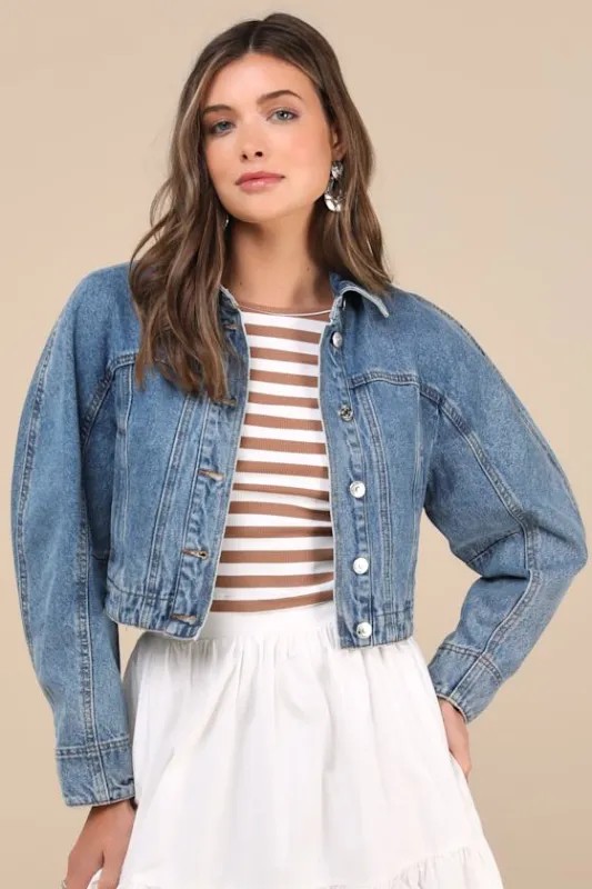Adriane Medium Wash Cropped Denim Jacket sold by Lulus