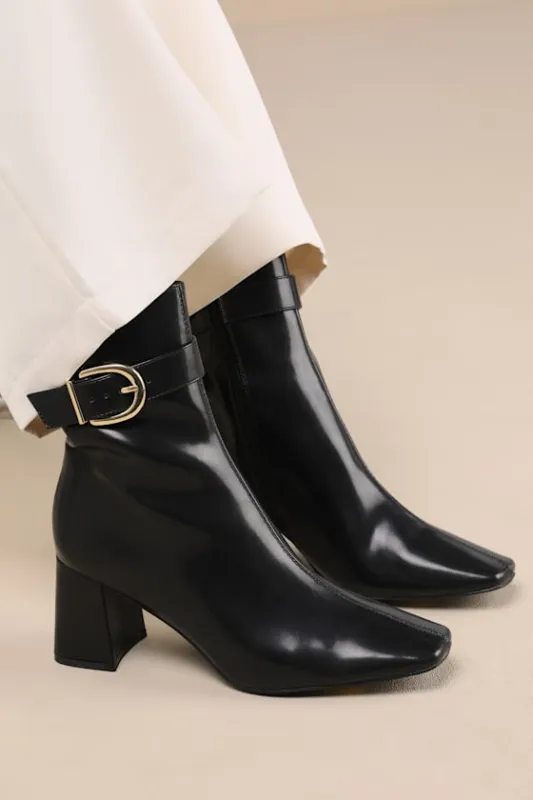Joplynn Black Patent Buckle Ankle Boots sold by Lulus