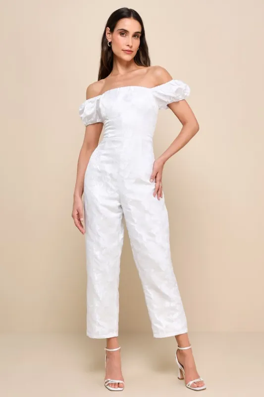 Redefined Class White Floral Jacquard Off-the-Shoulder Jumpsuit sold by Lulus