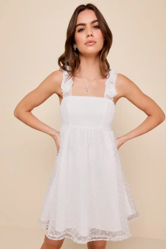 Darling Existence White Swiss Dot Rosette Sleeveless Mini Dress sold by Lulus