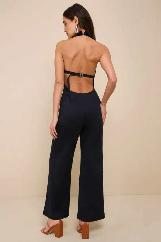 Exquisite Vibes Navy Blue Twill Backless Zip-Front Jumpsuit sold by Lulus product image thumbnail 3