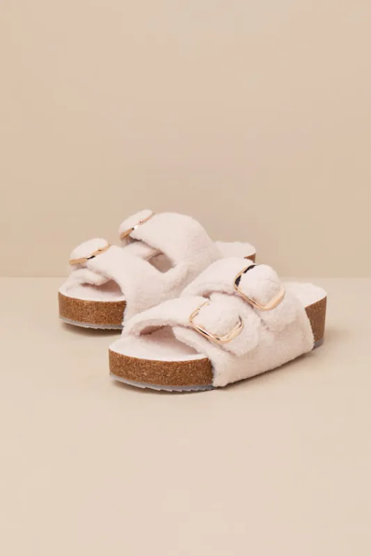 Qianna Natural Shearling Buckle Platform Slide Sandals sold by Lulus
