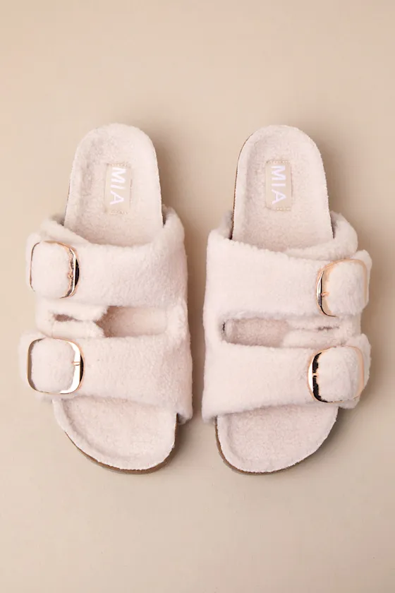 Qianna Natural Shearling Buckle Platform Slide Sandals sold by Lulus product image thumbnail 2