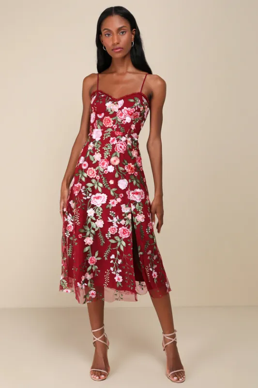 Charmingly Sophisticated Burgundy Tulle Embroidered Midi Dress sold by Lulus