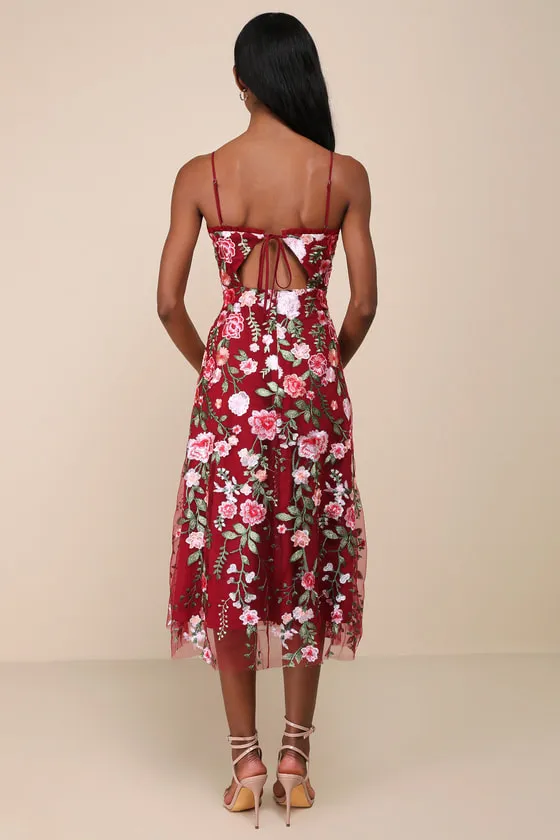 Charmingly Sophisticated Burgundy Tulle Embroidered Midi Dress sold by Lulus product image thumbnail 2