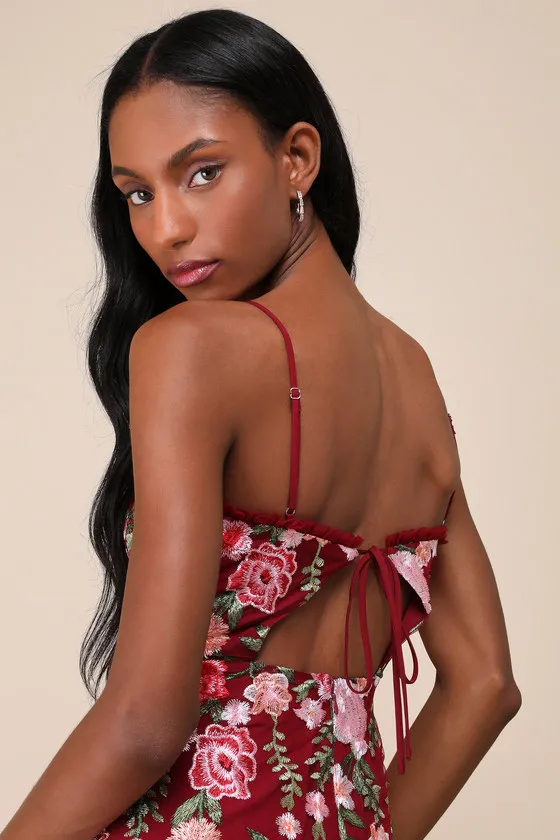 Charmingly Sophisticated Burgundy Tulle Embroidered Midi Dress sold by Lulus product image thumbnail 3