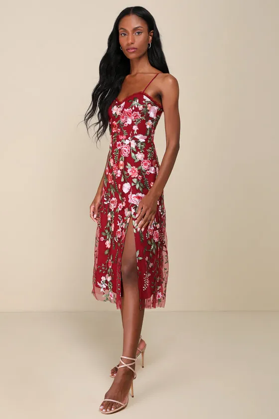 Charmingly Sophisticated Burgundy Tulle Embroidered Midi Dress sold by Lulus product image thumbnail 4