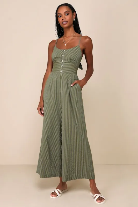 Coastal Air Olive Green Striped Tie-Back Culotte Jumpsuit sold by Lulus