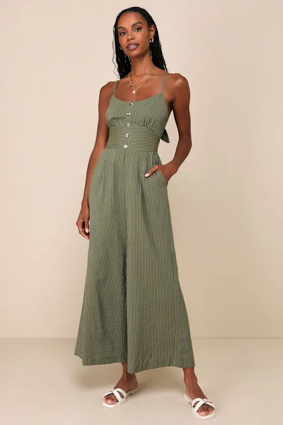 Coastal Air Olive Green Striped Tie-Back Culotte Jumpsuit sold by Lulus