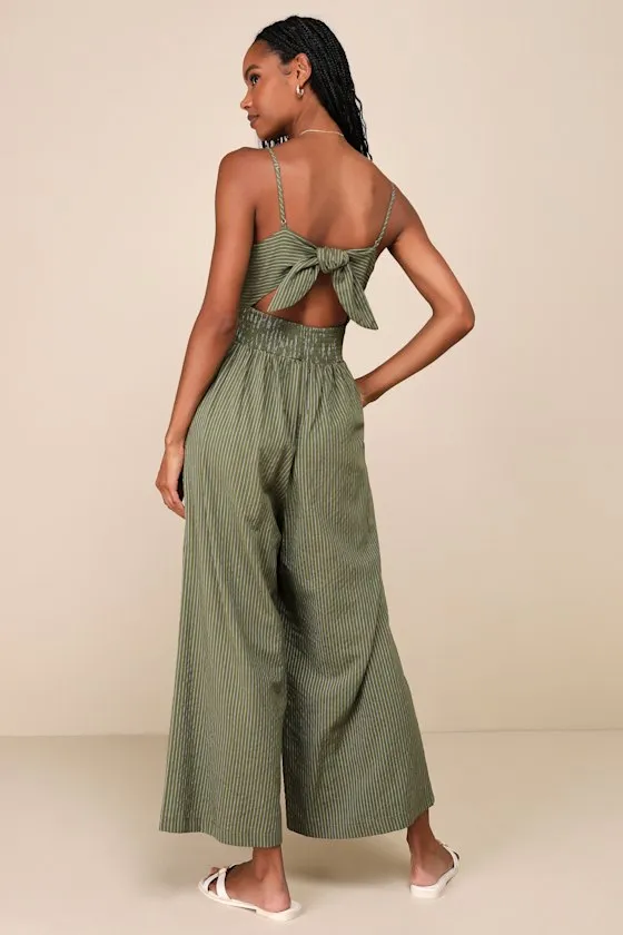 Coastal Air Olive Green Striped Tie-Back Culotte Jumpsuit sold by Lulus product image thumbnail 2