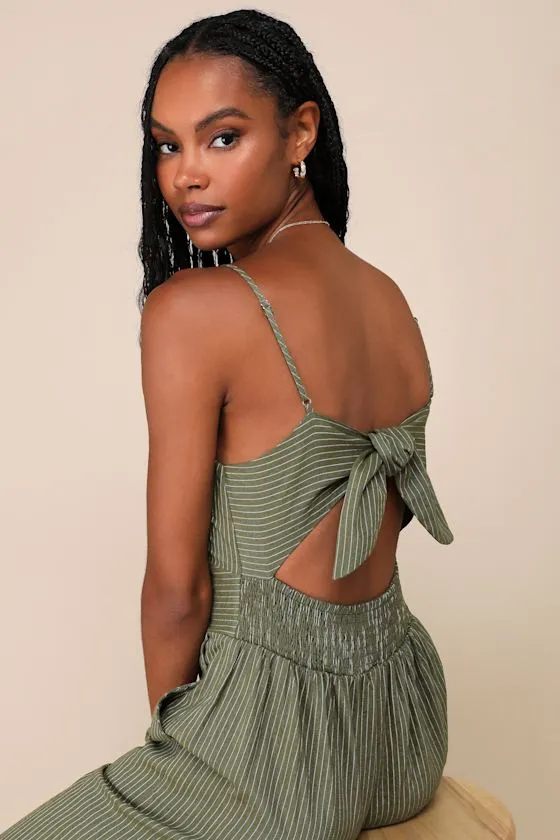 Coastal Air Olive Green Striped Tie-Back Culotte Jumpsuit sold by Lulus product image thumbnail 3