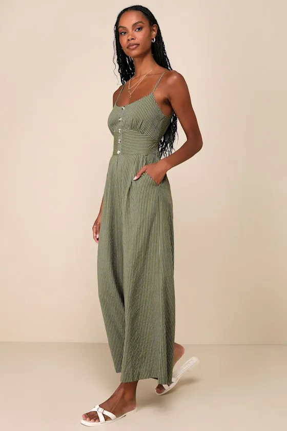 Coastal Air Olive Green Striped Tie-Back Culotte Jumpsuit sold by Lulus product image thumbnail 4