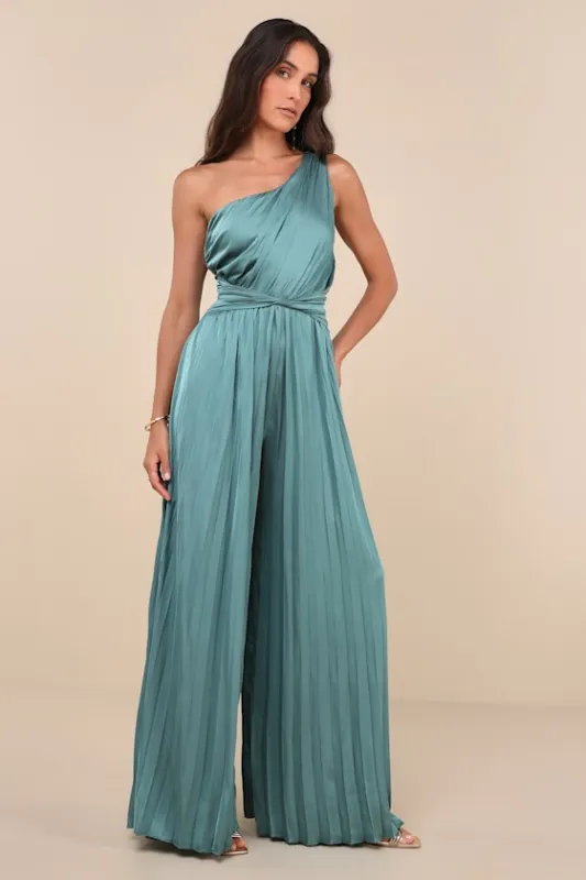 Exquisite Always Dark Sage Pleated Satin One-Shoulder Jumpsuit sold by Lulus