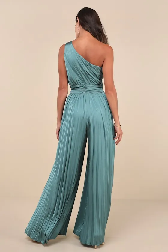 Exquisite Always Dark Sage Pleated Satin One-Shoulder Jumpsuit sold by Lulus product image thumbnail 2