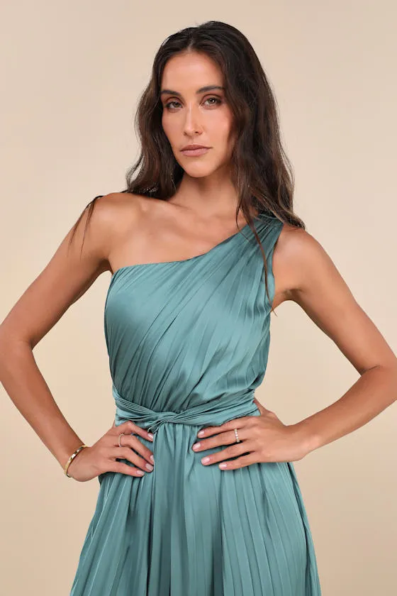 Exquisite Always Dark Sage Pleated Satin One-Shoulder Jumpsuit sold by Lulus product image thumbnail 3