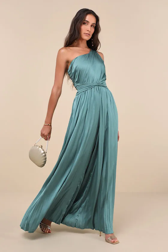 Exquisite Always Dark Sage Pleated Satin One-Shoulder Jumpsuit sold by Lulus product image thumbnail 4