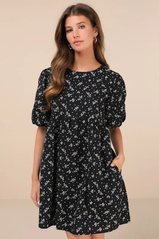 Marate Black Floral Puff Sleeve Mini Dress made by Lulus