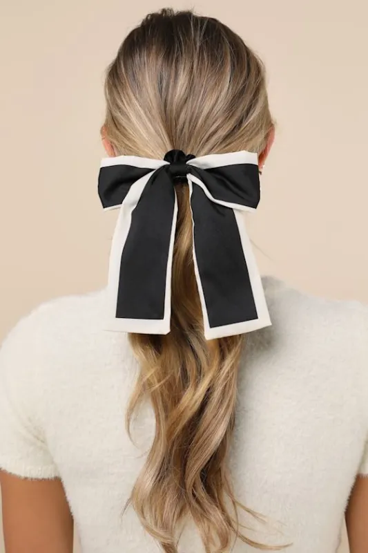 Poised Finish Black and Ivory Contrast Bow Scrunchie sold by Lulus