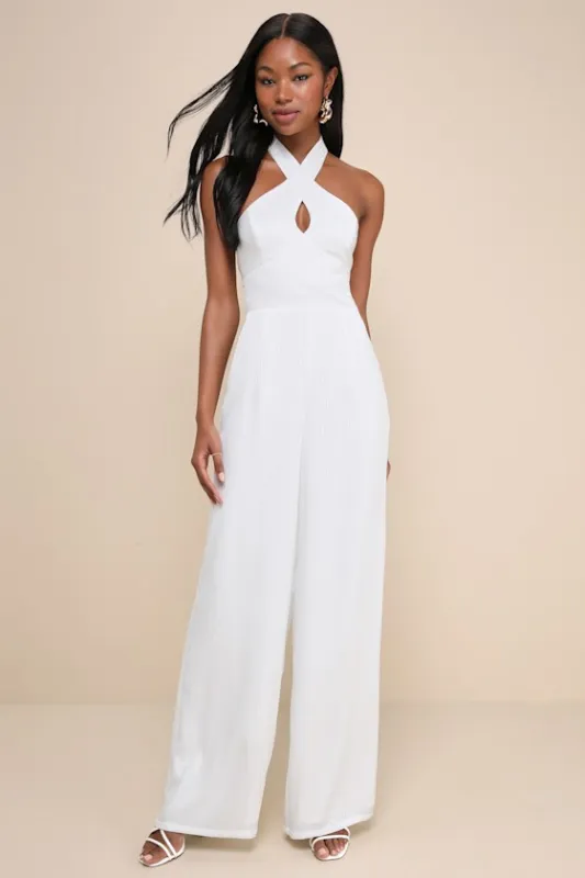 Constantly Copied White Satin Cross-Front Halter Jumpsuit sold by Lulus