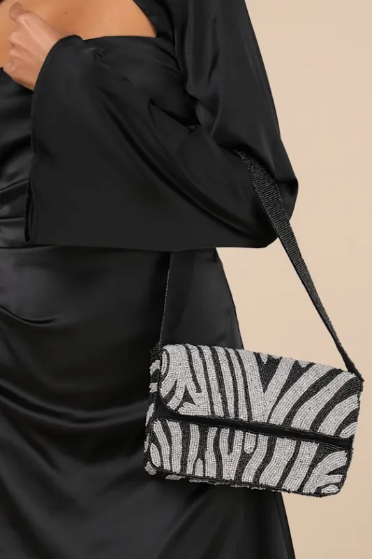 Wild Glamour Black and Silver Zebra Beaded Shoulder Bag made by Lulus