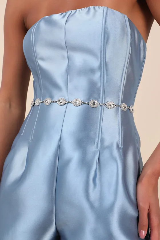 Brilliant Addition Silver Rhinestone Chain Belt sold by Lulus