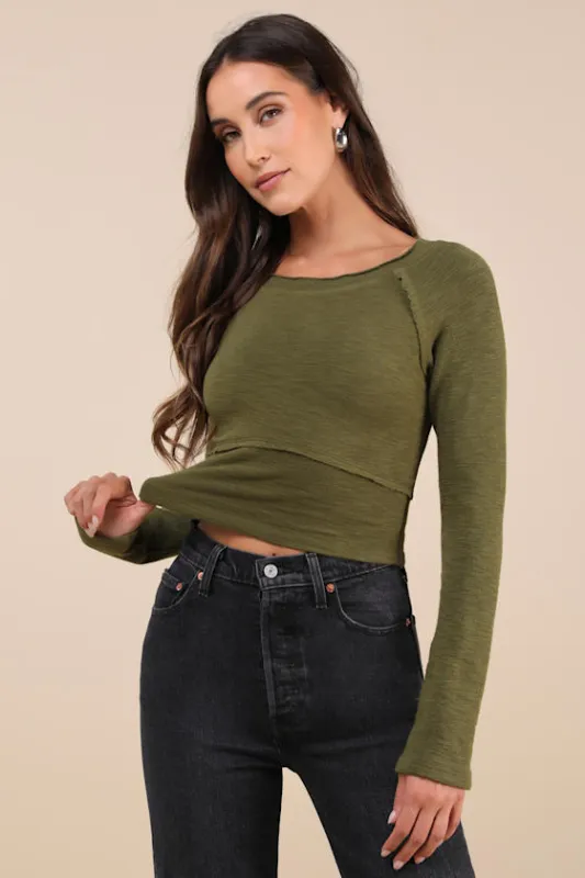 Easy Energy Olive Green Knit Raglan Sleeve Crop Top sold by Lulus