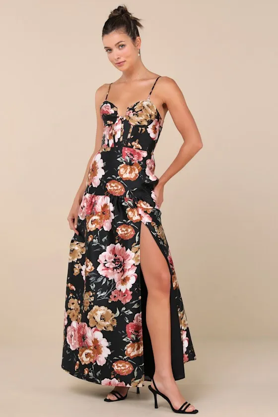 Confident Delight Black Floral Tiered Bustier Maxi Dress sold by Lulus