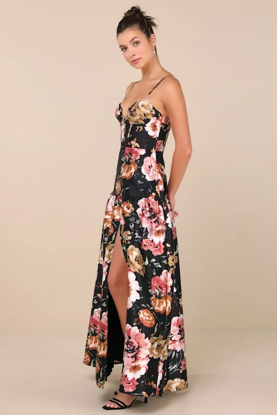 Confident Delight Black Floral Tiered Bustier Maxi Dress sold by Lulus product image thumbnail 3