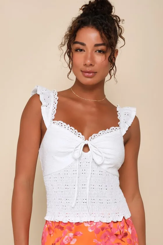 Perfect Sweetness White Eyelet Ruffled Keyhole Smocked Top sold by Lulus