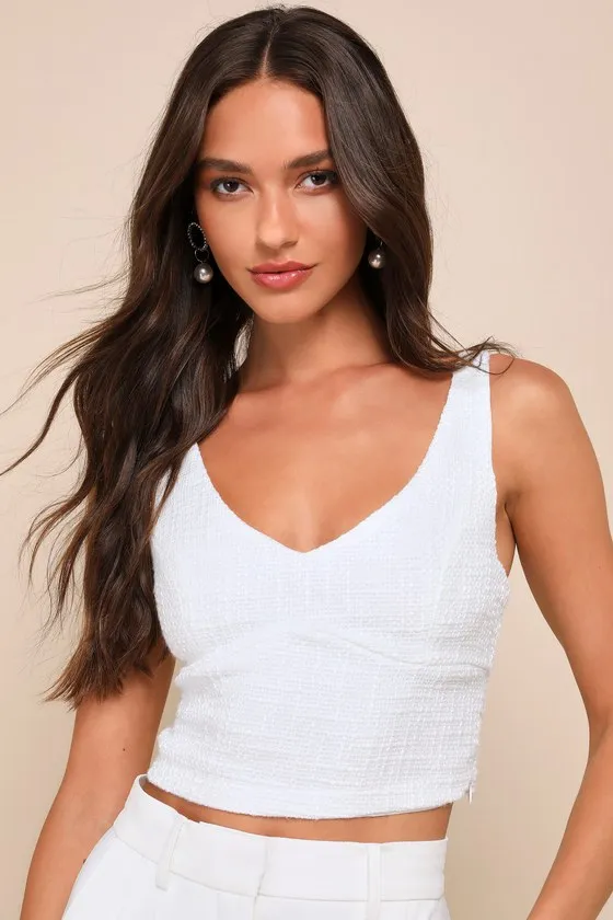 Sunny Sophistication Ivory Tweed Cropped Tank Top sold by Lulus