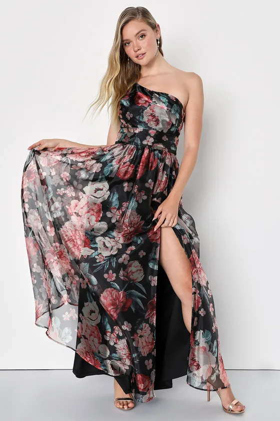 Bringing the Charm Black Floral Organza Gown sold by Lulus