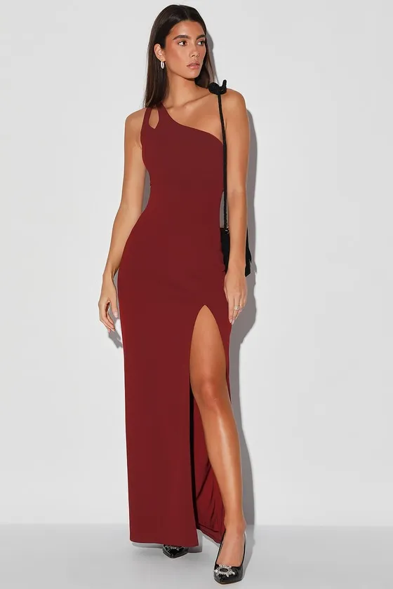 Simply Beautiful Burgundy One-Shoulder Cutout Maxi Dress sold by Lulus