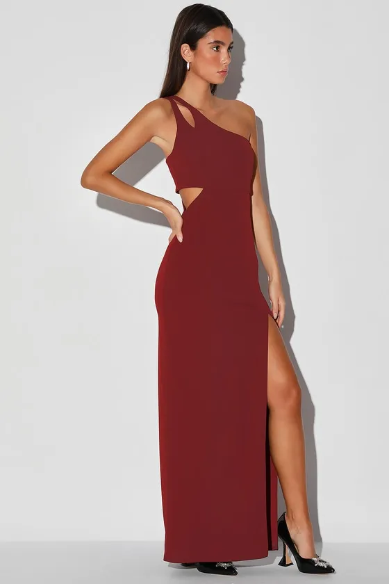 Simply Beautiful Burgundy One-Shoulder Cutout Maxi Dress sold by Lulus product image thumbnail 3