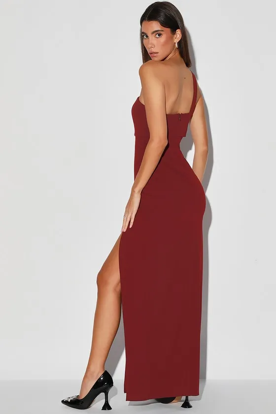Simply Beautiful Burgundy One-Shoulder Cutout Maxi Dress sold by Lulus product image thumbnail 4