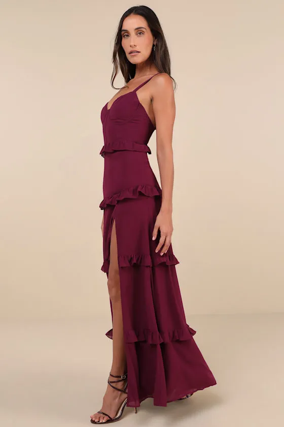 Sincerely Poised Plum Purple Backless Bustier Tiered Maxi Dress sold by Lulus