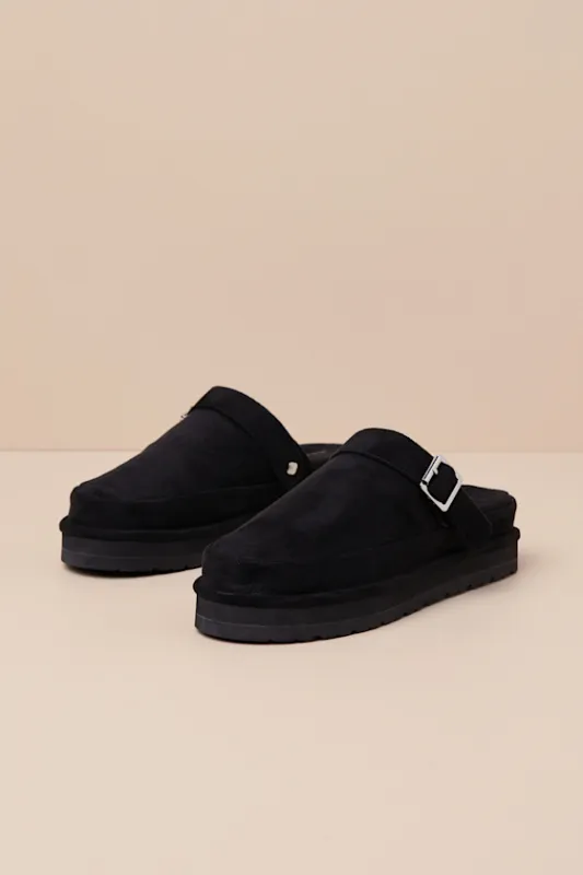Grahamm Black Fabric Buckle Flatform Slip-On Clogs sold by Lulus