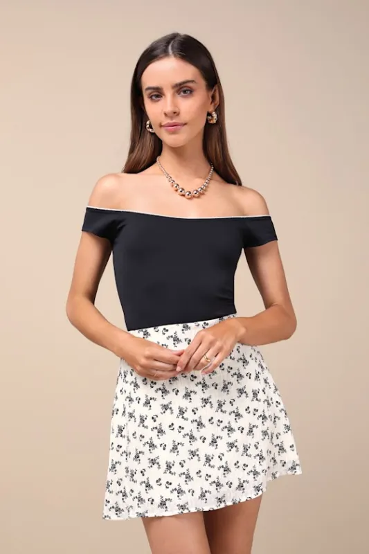 Flattering Attitude Black Lace Off-the-Shoulder Bodysuit sold by Lulus