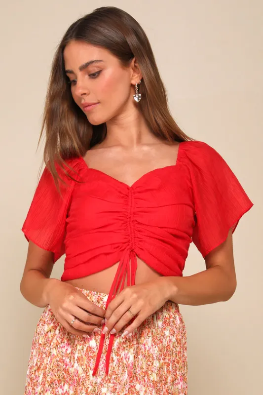 Charming Drama Red Organza Ruched Short Sleeve Top sold by Lulus