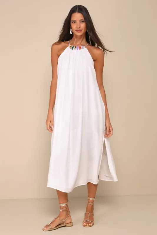 Blissful Icon White Textured Beaded Midi Shift Dress made by Lulus