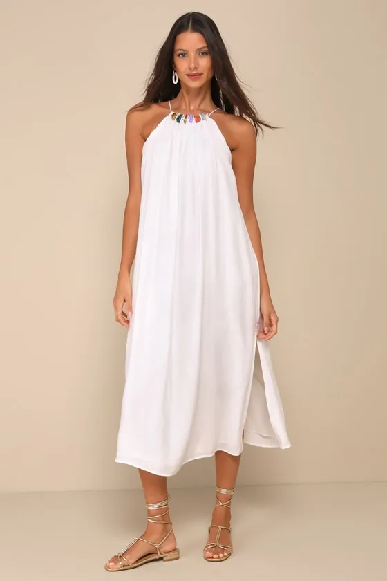 Blissful Icon White Textured Beaded Midi Shift Dress sold by Lulus