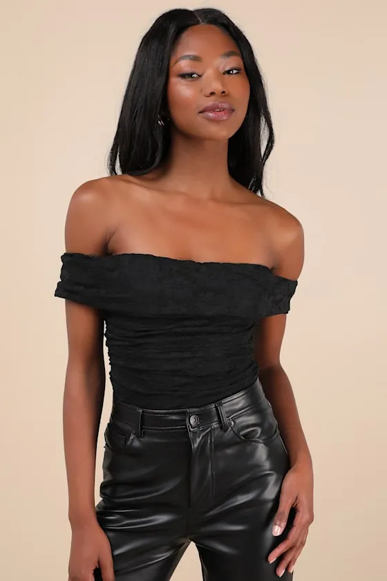 Sultry Whimsy Black Lace Off-the-Shoulder Bodysuit sold by Lulus